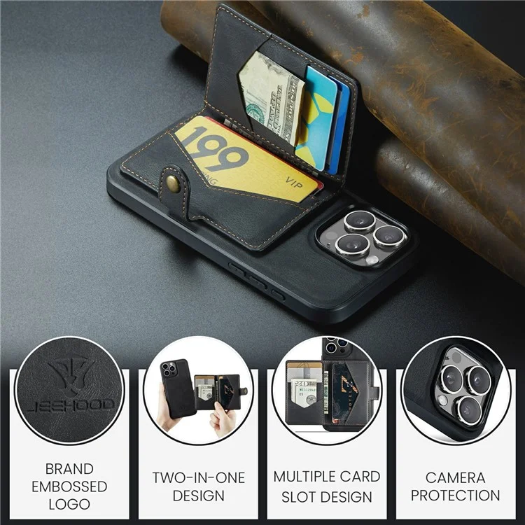 JEEHOOD J01 Funda para iPhone 15 Pro Max Cuero+TPU Funda Teléfono Bolsa de Tarjeta Desmontable - Negro