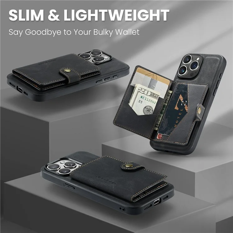 JEEHOOD J01 Funda para iPhone 15 Pro Max Cuero+TPU Funda Teléfono Bolsa de Tarjeta Desmontable - Negro
