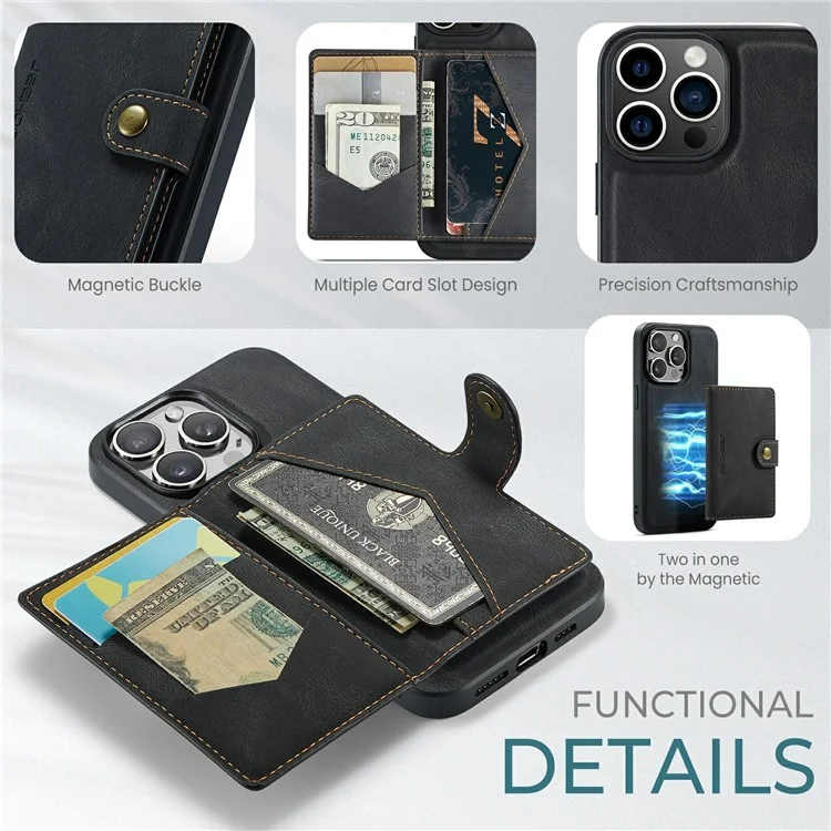 JEEHOOD J01 Funda para iPhone 15 Pro Max Cuero+TPU Funda Teléfono Bolsa de Tarjeta Desmontable - Negro
