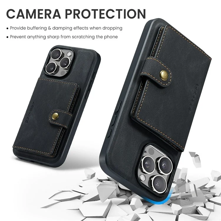 JEEHOOD J01 Funda para iPhone 15 Pro Max Cuero+TPU Funda Teléfono Bolsa de Tarjeta Desmontable - Negro