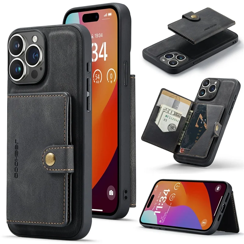 JEEHOOD J01 For iPhone 15 Pro Case Kickstand Card Bag Detachable 2-in-1 Phone Cover - Schwarz