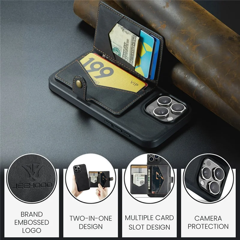 JEEHOOD J01 For iPhone 15 Pro Case Kickstand Card Bag Detachable 2-in-1 Phone Cover - Schwarz