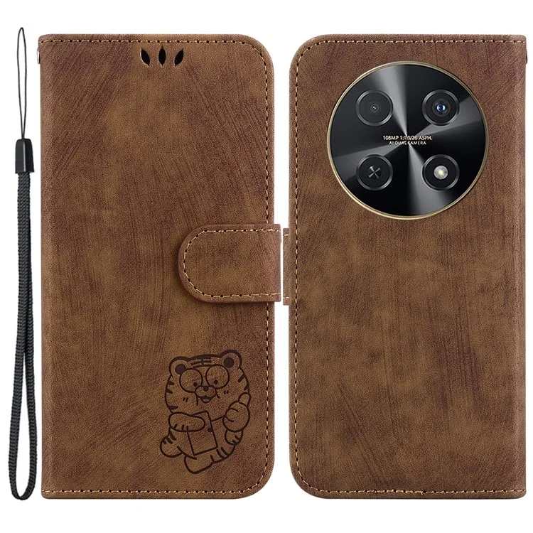 Para Huawei nova 12i 4G Capa de Carteira de Couro com Estampa de Tigre Fofa - Marrom