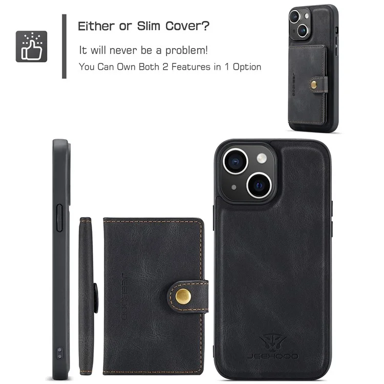 JEEHOOD J01 Étui pour iPhone 15 Porte-Carte Sac Support Cuir Enduit TPU - Noir