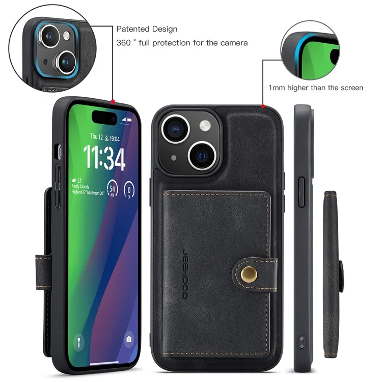 JEEHOOD J01 Étui pour iPhone 15 Porte-Carte Sac Support Cuir Enduit TPU - Noir
