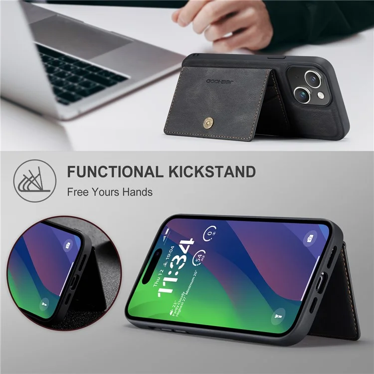 JEEHOOD J01 Étui pour iPhone 15 Porte-Carte Sac Support Cuir Enduit TPU - Noir