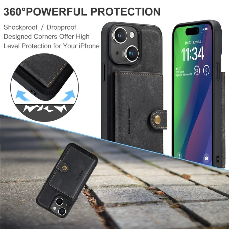 JEEHOOD J01 Étui pour iPhone 15 Porte-Carte Sac Support Cuir Enduit TPU - Noir