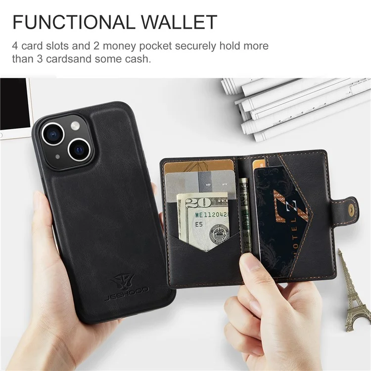 JEEHOOD J01 Étui pour iPhone 15 Porte-Carte Sac Support Cuir Enduit TPU - Noir
