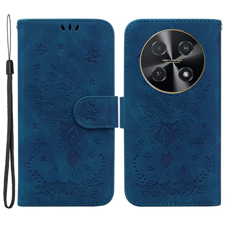 Para o Huawei nova 12i 4G Case Borboleta Rosa Flor Imprensa Capa de Telefone de Couro - Azul
