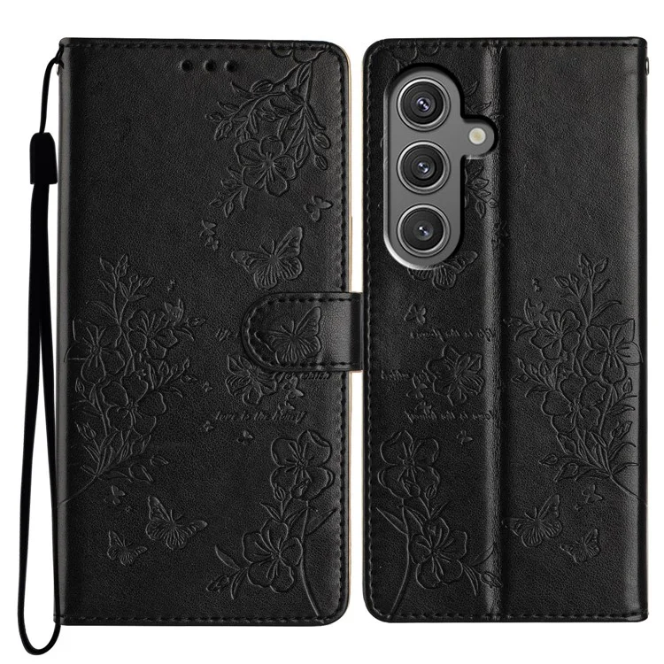 For Samsung Galaxy A55 5G Wallet Case Butterfly Floral Imprint Stand Leather Phone Cover - Black