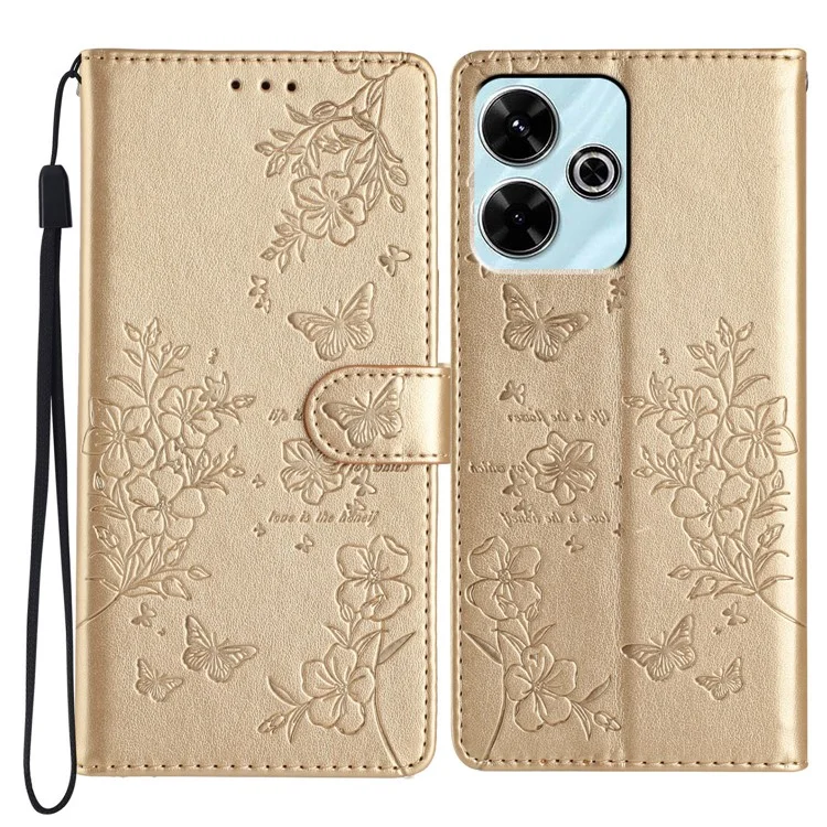 Para Xiaomi Redmi 13 5G / 13 4G Funda de Teléfono Estampado de Mariposa Floral de Piel Sintética Cartera - Oro