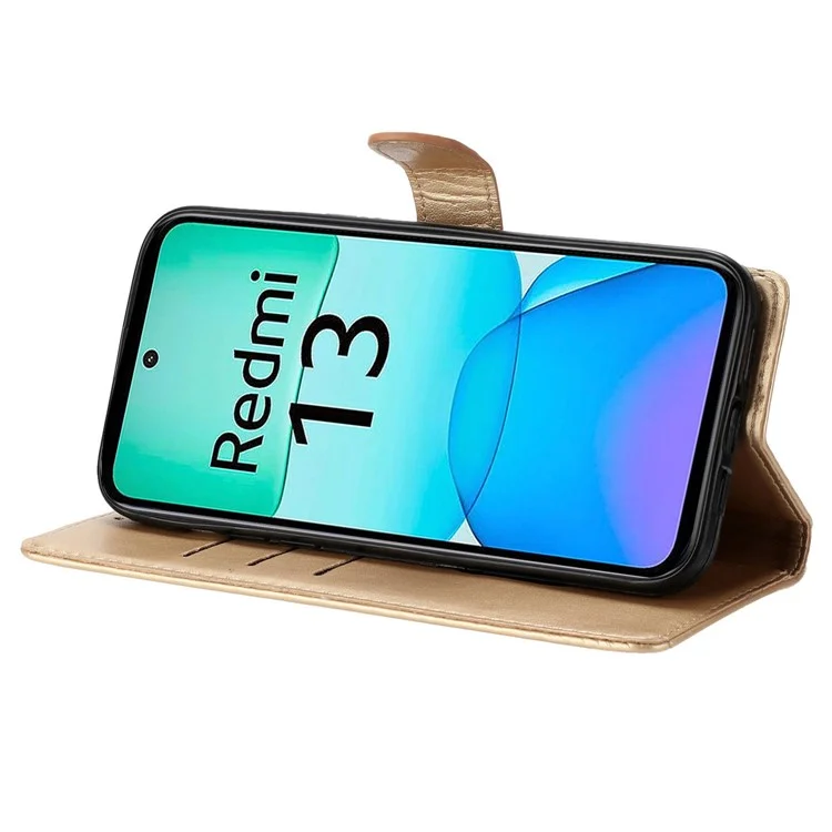 Para Xiaomi Redmi 13 5G / 13 4G Funda de Teléfono Estampado de Mariposa Floral de Piel Sintética Cartera - Oro