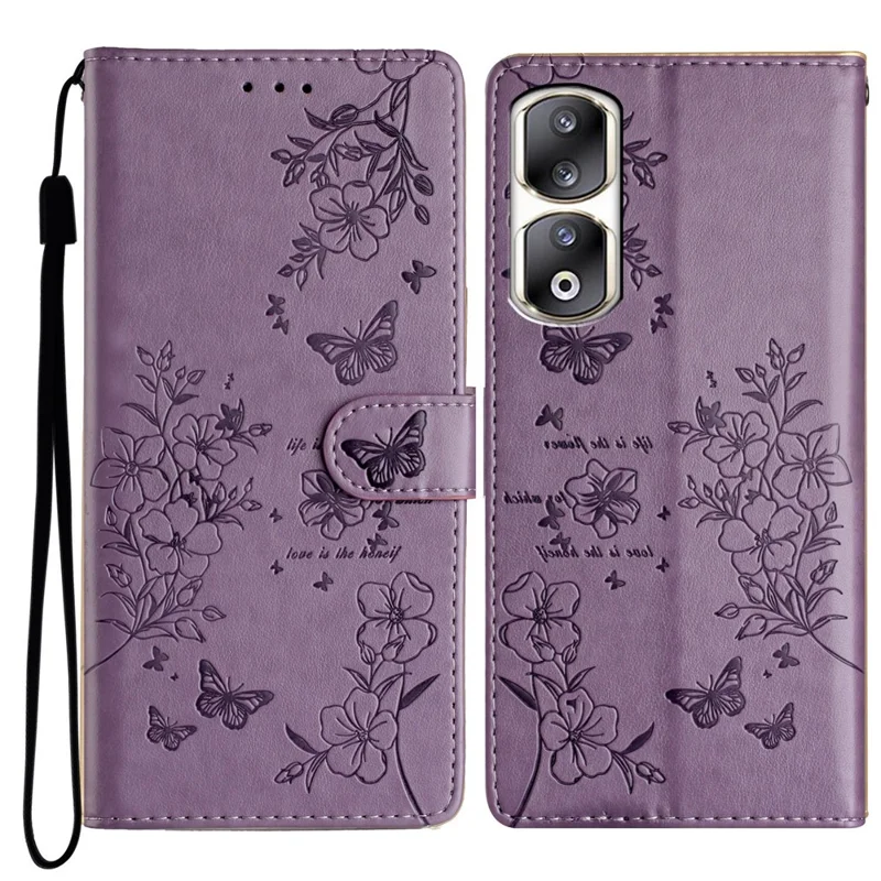 For Honor 90 Pro Shockproof Case Butterfly Floral Imprint Leather Phone Cover with Stand - Purple