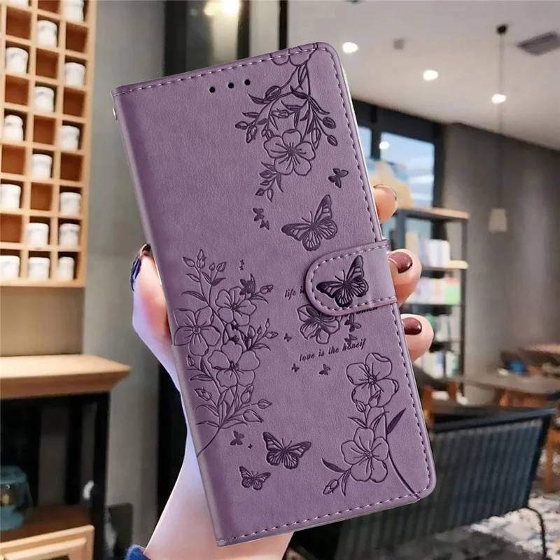 For Honor 90 Pro Shockproof Case Butterfly Floral Imprint Leather Phone Cover with Stand - Purple