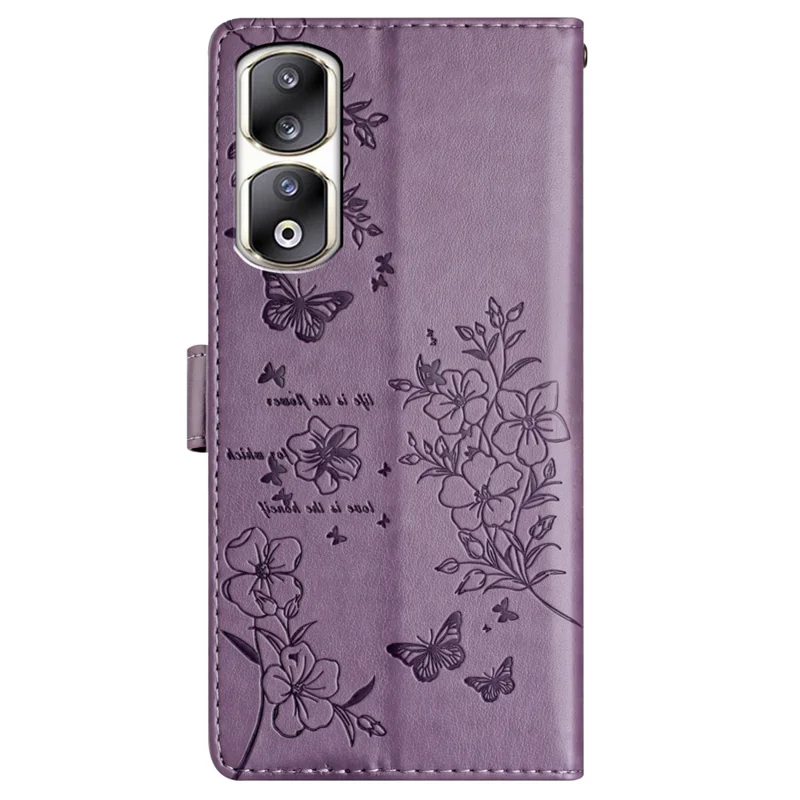 For Honor 90 Pro Shockproof Case Butterfly Floral Imprint Leather Phone Cover with Stand - Purple