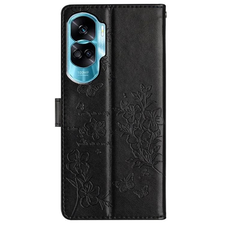 Чехол для For Honor 90 Lite 5G / X50i 5G с бабочкой и цветочным рисунком, кожаный, с подставкой - черный
