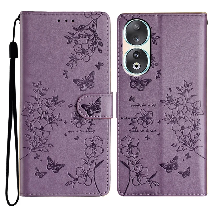 For Honor 90 Phone Case Butterfly Floral Imprint Leather Flip Cover with Stand - Purple