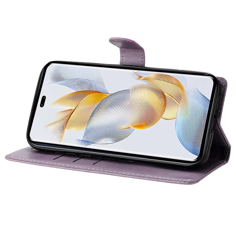 For Honor 90 Phone Case Butterfly Floral Imprint Leather Flip Cover with Stand - Purple