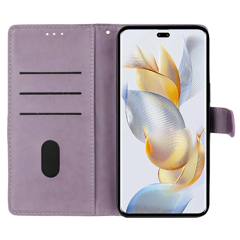 For Honor 90 Phone Case Butterfly Floral Imprint Leather Flip Cover with Stand - Purple