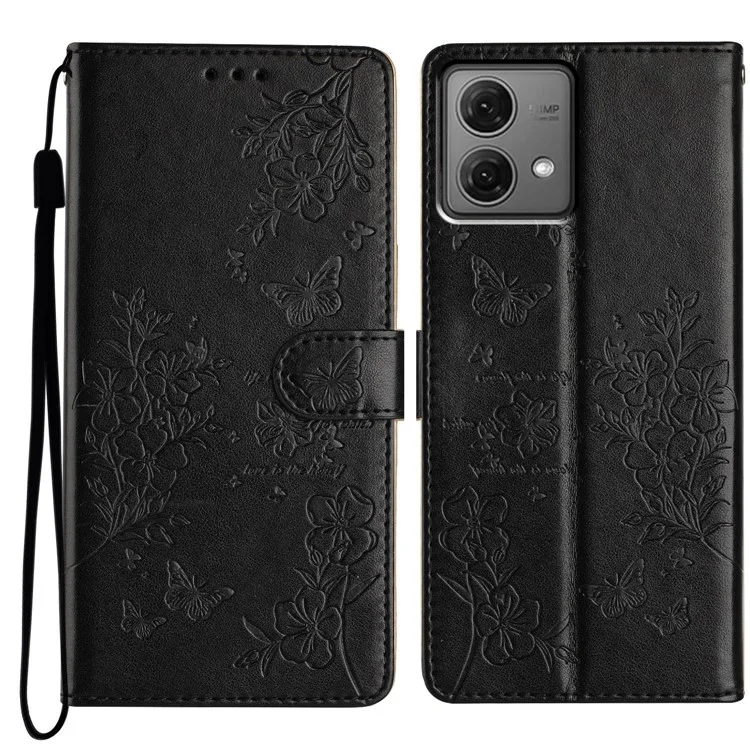For Motorola Moto G84 5G Stand Case Butterfly Floral Imprint Leather Phone Cover with Wallet - Black