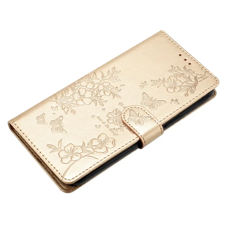 Para Xiaomi Redmi 13C 4G / Poco C65 4G Capa de Telefone Borboleta Floral Impressão Suporte Capa de Couro - Dourado