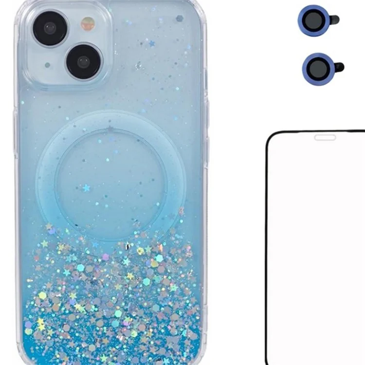 WANLONFENG JWT Series For iPhone 14 Glitter Sequin TPU+Acrylic Magnetic Phone Case with Screen Film + Lens Film - Blue
