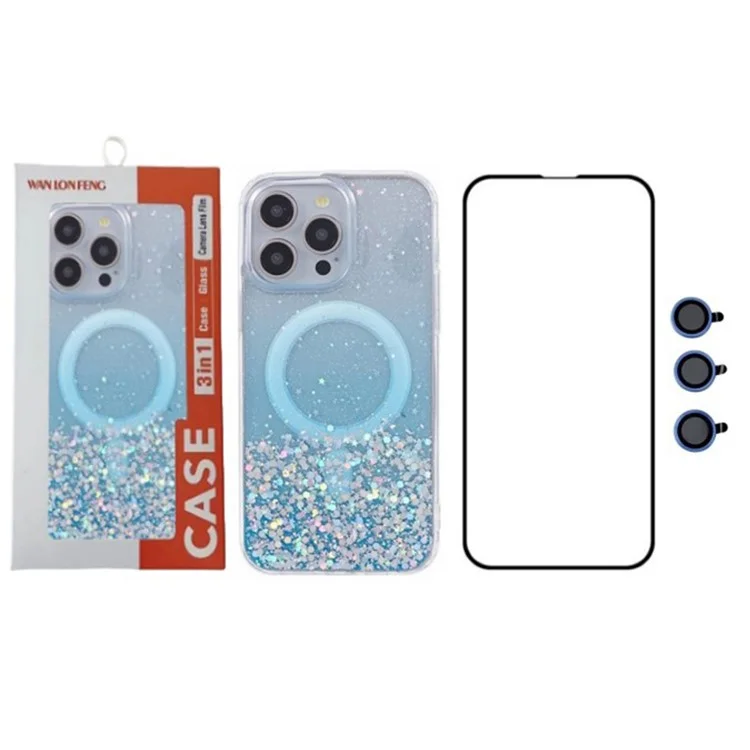 WANLONFENG JWT Series For iPhone 14 Glitter Sequin TPU+Acrylic Magnetic Phone Case with Screen Film + Lens Film - Blue