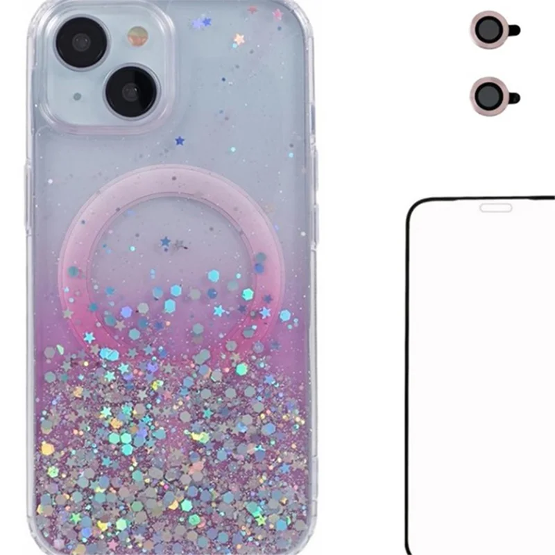 WANLONFENG Série JWT para iPhone 14 Glitter Sequin TPU+Acrylic Magnetic Phone Case com Screen Film + Lens Film - Rosa