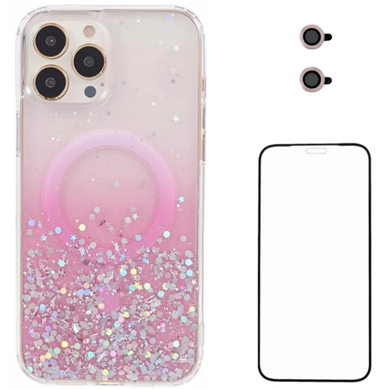 WANLONFENG JWT Série Pour iPhone 14 Pro Étui de téléphone portable Paillettes Brillantes TPU+Acrylique Magnétique avec Film de Protection d'écran + Film de Lentille - Rose