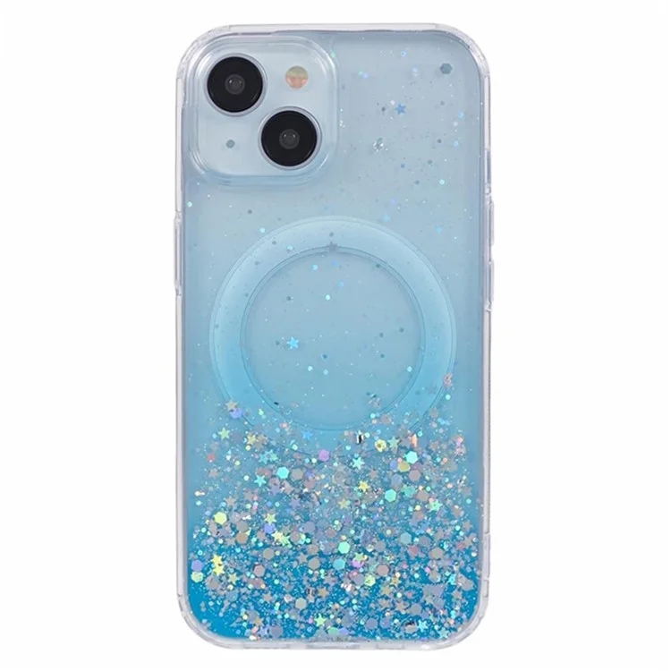 WANLONFENG JWT Series For iPhone 15 Plus Glitter Sequin TPU+Acrylique Étui Magnétique avec Film Écran + Film Objectif - Bleu
