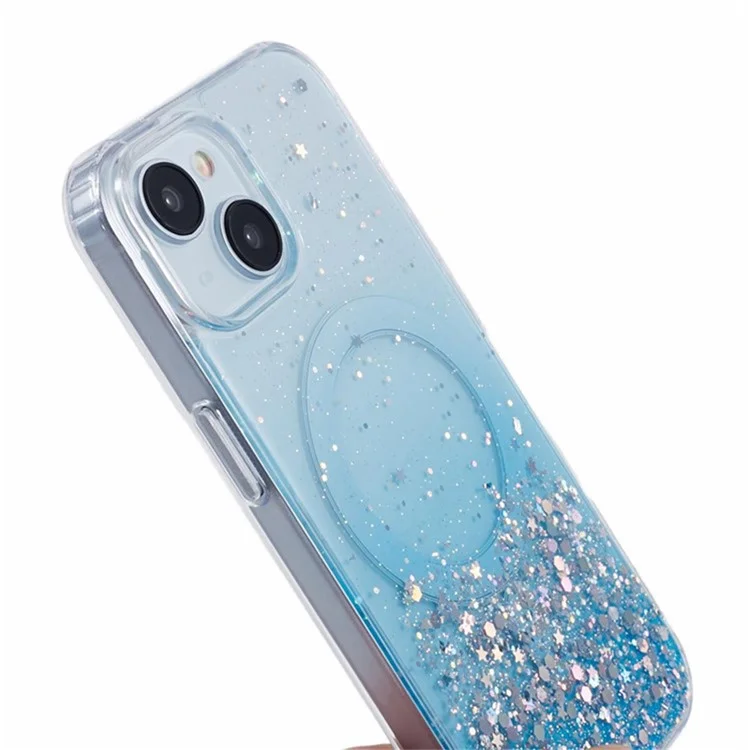 WANLONFENG JWT Series For iPhone 15 Plus Glitter Sequin TPU+Acrylique Étui Magnétique avec Film Écran + Film Objectif - Bleu