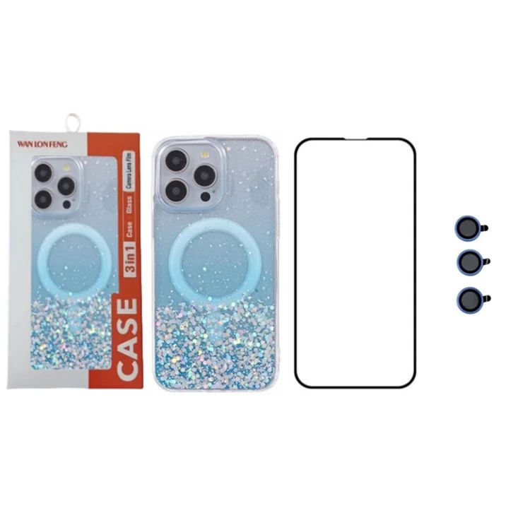 WANLONFENG JWT Series For iPhone 15 Plus Glitter Sequin TPU+Acrylique Étui Magnétique avec Film Écran + Film Objectif - Bleu