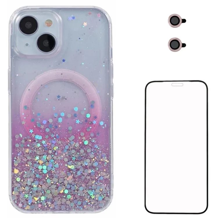 WANLONFENG JWT-серия для iPhone 15 Plus Glitter Sequin TPU+Acrylic Magnetic Phone Case с защитной пленкой для экрана + защитной пленкой для объектива - розовый