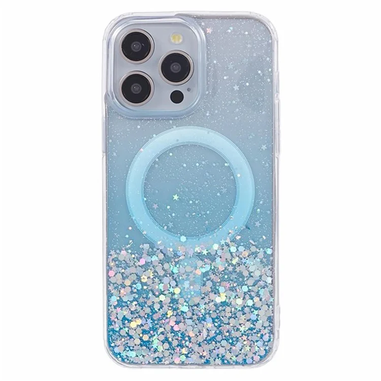 WANLONFENG JWT Series per iPhone 15 Pro Max Glitter Sequin TPU+Acrylic Magnetic Phone Case con Screen Film + Lens Film - Blu
