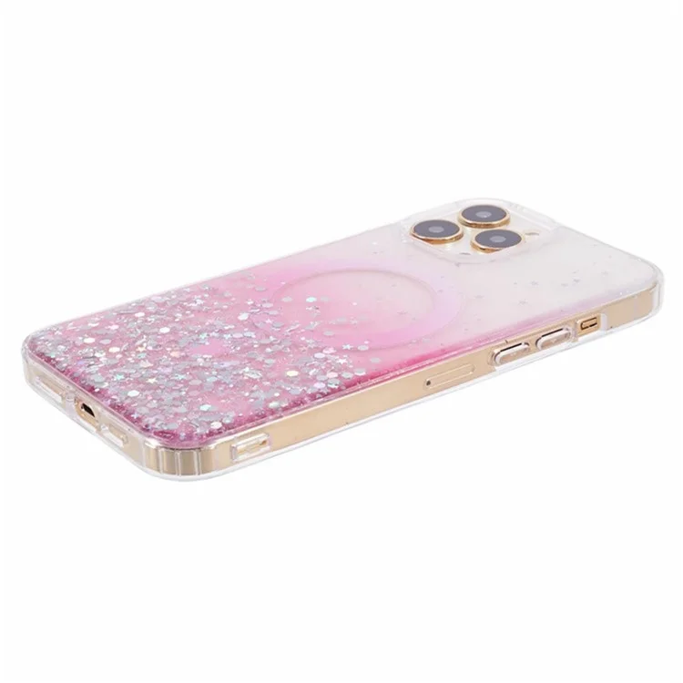 WANLONFENG Série JWT para iPhone 12 Pro Max Glitter Sequin TPU+Acrylic Magnetic Phone Case com Screen Film + Lens Film - Rosa