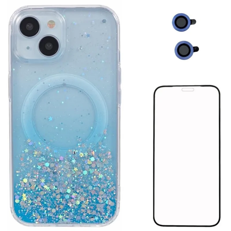 WANLONFENG JWT Series For iPhone 13 Glitter Sequin TPU+Acrylic Magnetic Phone Case with Screen Film + Lens Film - Blue