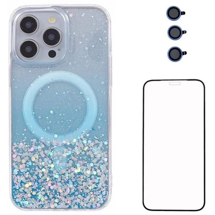 WANLONFENG JWT Series For iPhone 13 Pro Glitter Sequin TPU+Acrylic Magnetic Phone Case with Screen Film + Lens Film - Синий