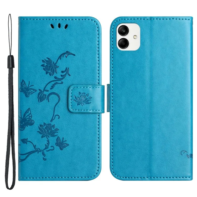 Étui de Portefeuille de Téléphone Anti-bas Pour Samsung Galaxy A04 4G Butterfly Flower Imprimé PU le Cuir de Protection de Protection du Téléphone Avec Sangle - Bleu