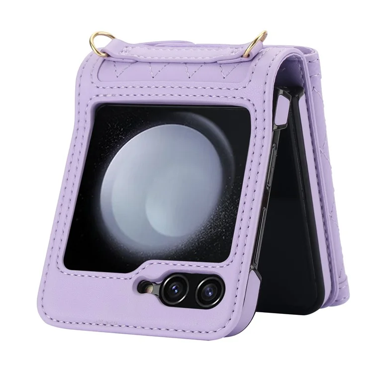 Para Samsung Galaxy Z Flip5 5G Crossbody Case Titulares de tarjetas Funda de piel PU+PC Cubierta del teléfono RFID Blocking - Púrpura