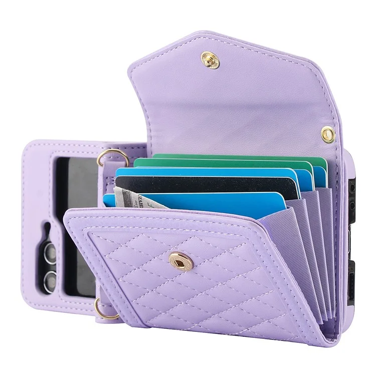 Para Samsung Galaxy Z Flip5 5G Crossbody Case Titulares de tarjetas Funda de piel PU+PC Cubierta del teléfono RFID Blocking - Púrpura