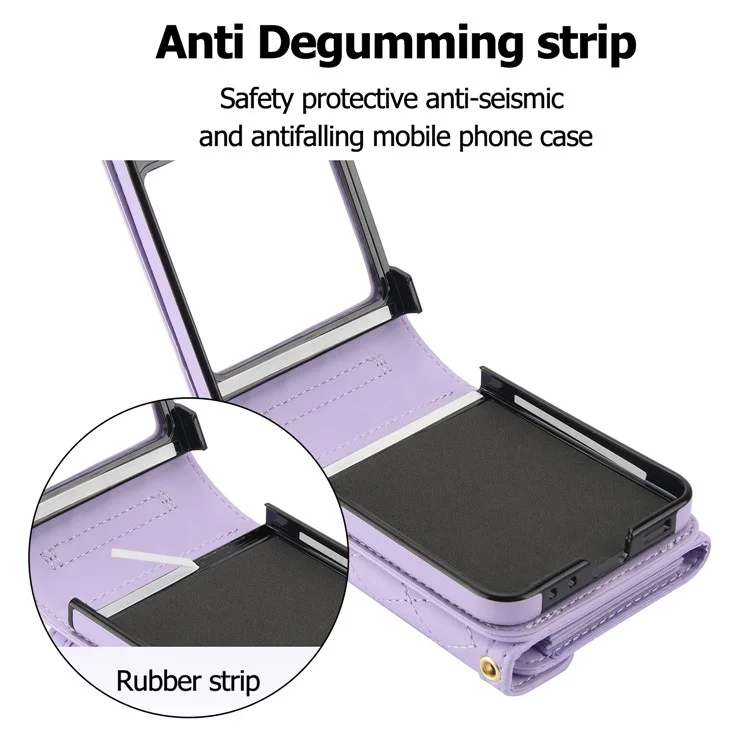 Para Samsung Galaxy Z Flip5 5G Crossbody Case Titulares de tarjetas Funda de piel PU+PC Cubierta del teléfono RFID Blocking - Púrpura