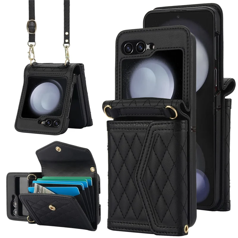 For Samsung Galaxy Z Flip7 FE 5G / Z Flip6 5G Case Card Holders PU Leather+PC Phone Cover with Detachable Shoulder Strap - Black