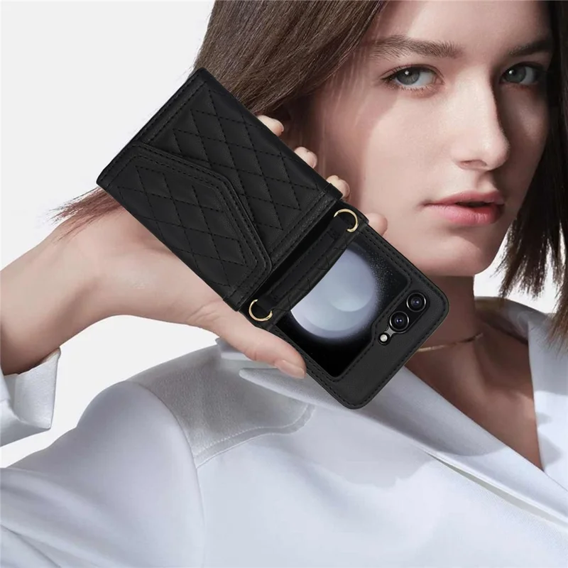 For Samsung Galaxy Z Flip7 FE 5G / Z Flip6 5G Case Card Holders PU Leather+PC Phone Cover with Detachable Shoulder Strap - Black