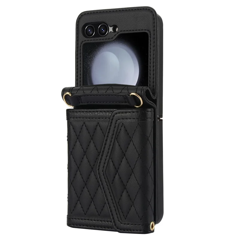 For Samsung Galaxy Z Flip7 FE 5G / Z Flip6 5G Case Card Holders PU Leather+PC Phone Cover with Detachable Shoulder Strap - Black