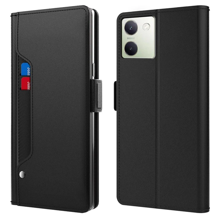 Para vivo Y200 Pro 5G Case Card Slots PU Leather Phone Cover Inside Makeup Mirror - Preto