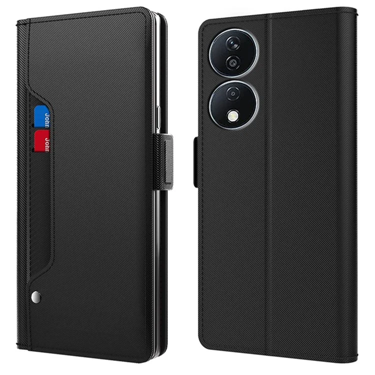 For Honor X7b 4G / 5G / 90 Smart Case Stand Mirror PU Leder Handyhülle mit Kartenfach - Schwarz