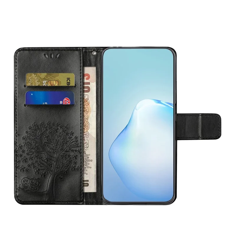 For Samsung Galaxy A04 4G (164.4 x 76.3 x 9.1 mm) / M13 5G Anti-fall PU Leather Phone Case Imprinted Owl Tree Pattern Flip Wallet Cover Stand - Black