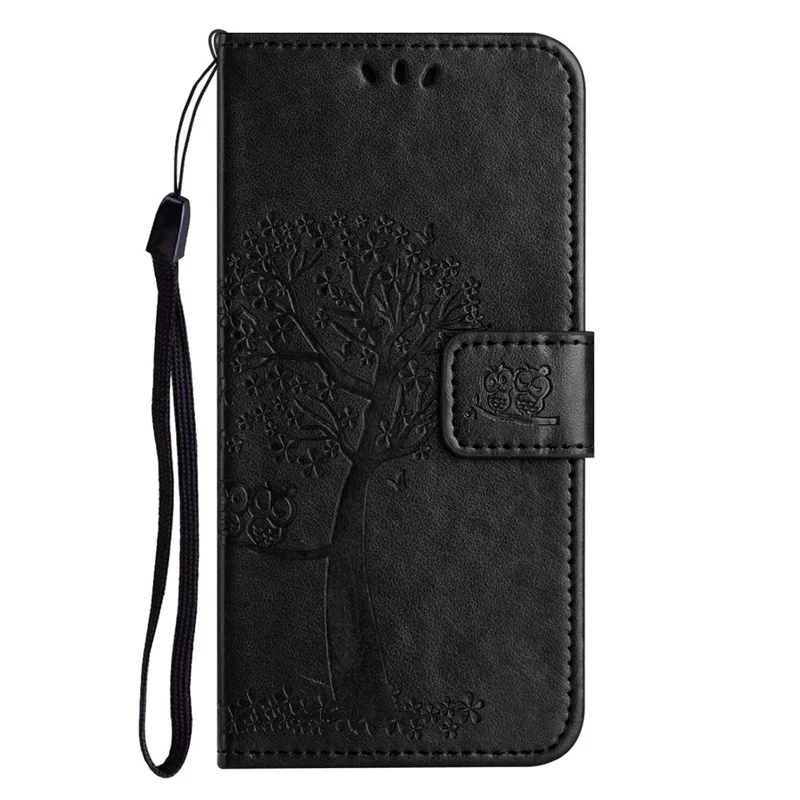 For Samsung Galaxy A04 4G (164.4 x 76.3 x 9.1 mm) / M13 5G Anti-fall PU Leather Phone Case Imprinted Owl Tree Pattern Flip Wallet Cover Stand - Black
