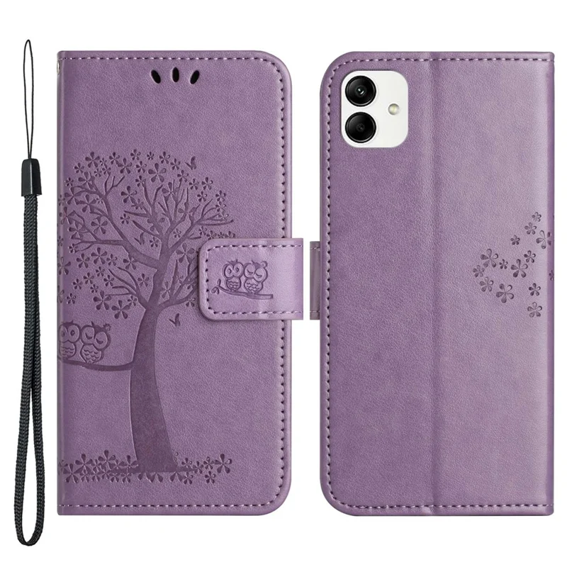 For Samsung Galaxy A04 4G (164.4 x 76.3 x 9.1 mm) / M13 5G Anti-fall PU Leather Phone Case Imprinted Owl Tree Pattern Flip Wallet Cover Stand - Purple