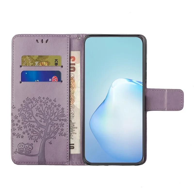 For Samsung Galaxy A04 4G (164.4 x 76.3 x 9.1 mm) / M13 5G Anti-fall PU Leather Phone Case Imprinted Owl Tree Pattern Flip Wallet Cover Stand - Purple